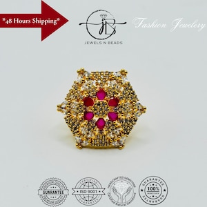 Golden Pink Stone Cocktail Ring: Handmade Cubic Zirconia Floral Jewelry