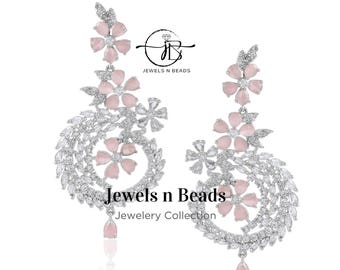Handmade Brass Dangle Earrings: Pink CZ Floral Bridal Jewelry