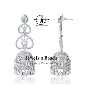High-End American Diamond Jhumka Earrings in White CZ & Brass - Perfect Wedding Party Gifts for Indian Pakistani Desi Occasions
