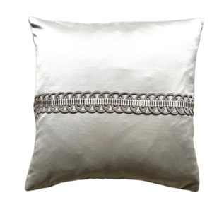Silver Satin Cushion Cover, Designer Cushion with Trimming