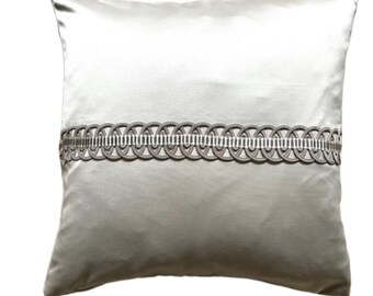 Silver Satin Cushion Cover, Designer Cushion with Trimming