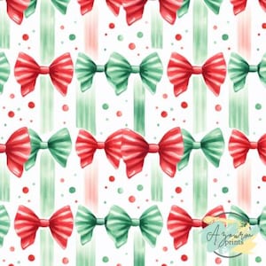 Red, Green, and Pink Christmas Stripes with Coquette Bows – Seamless Holiday Pattern for Crafts and Decor.