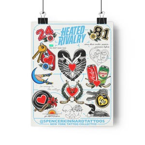 May include: A poster with tattoo-style illustrations, including keys, a heart, a crescent moon with legs, and a pair of swans with a heart. Text includes "Heated Rivalry," "Lovers," and "New York Tattoo Collective."