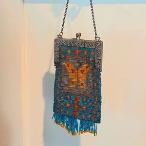 Vintage 1920s Beaded Butterfly Purse| Art Deco Flapper Handbag/Evening Bag with Fringe & Silver Frame