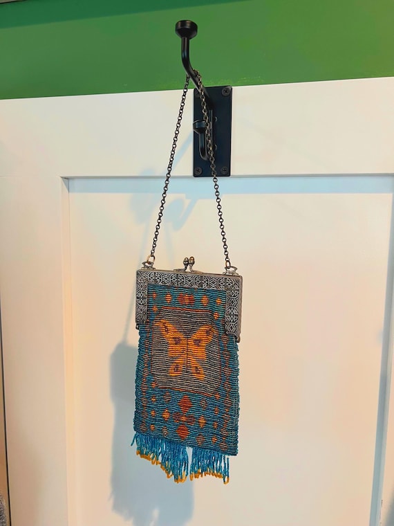 Vintage 1920s Beaded Butterfly Purse| Art Deco Flapper Handbag/Evening Bag with Fringe & Silver Frame