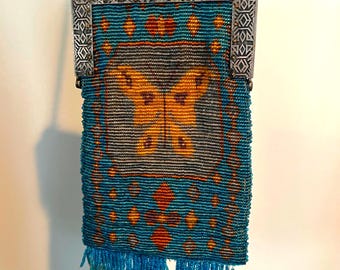 Rare 1920s Art Deco Beaded Butterfly Purse | Antique Flapper Evening Bag | Turquoise Micro Bead Handbag