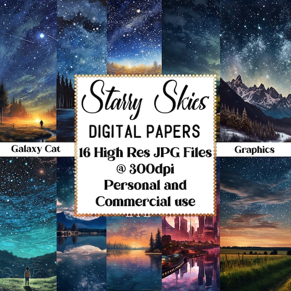 Starry Night Digital Paper, Starry Sky painting, landscape digital art, junk journal paper, Night Sky Clipart, landscapes digital downloads