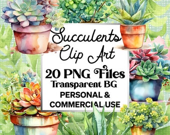 May include: A set of 20 watercolor succulent clip art images. The succulents are in various pots and colors, including green, blue, and brown. The text "Succulents Clip Art 20 PNG Files Transparent BG PERSONAL & COMMERCIAL USE" is displayed on a white background.