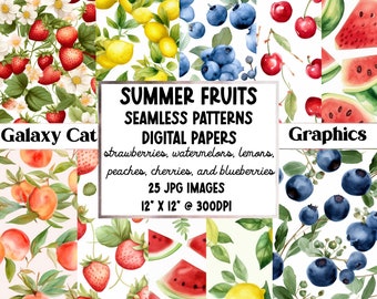 Fruit Digital Papers, Seamless Patterns, fruit digital art, summer digital paper, junk journal paper, scrapbook paper, digital backgrounds