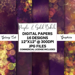 Purple and Gold Bokeh Digital Paper, Bokeh digital background, junk journal paper, bokeh scrapbook paper, instant download, bokeh backdrop