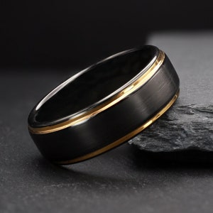 Mens Unique Black Tungsten Engraved Wedding Ring, Gold Wedding Band, Personalized Rings, Custom Engagement Ring for Men