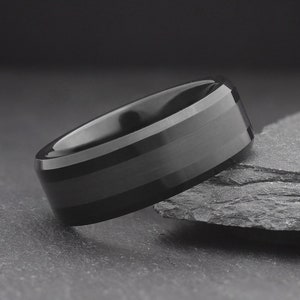 Black Ring, Mens Engraved Tungsten Engagement Promise Ring, Simple Mens Wedding Band, Boyfriend Anniversary Gift, Unique Wedding Ring