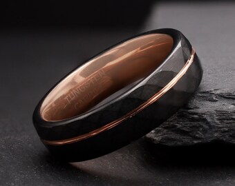 Mens Unique Wedding Band, Black Rose Gold Tungsten Ring, Mens Jewellery, Minimalist Engraved Ring, Engagement Promise Ring, Gift for Him