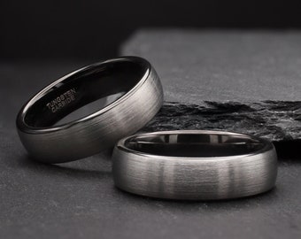 Mens Unique Tungsten Ring, Black Silver Wedding Band, Engraved Promise Engagement Rings for Men, Boyfriend Anniversary Birthday Gift