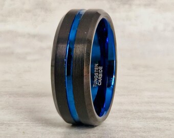 Peacekeeper • Black Tungsten Ring With Electric Blue Groove • Mens Wedding Band • Promise Ring • Wedding Ring For Men • 8mm Wide