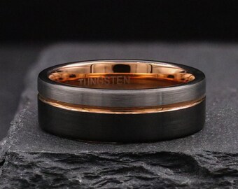 Boss • Black & Silver Tungsten Ring With Rose Gold Groove • Mens Wedding Band • Promise Ring • Wedding Ring For Men • 8mm Wide