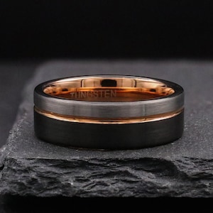 Boss • Black & Silver Tungsten Ring With Rose Gold Groove • Mens Wedding Band • Promise Ring • Wedding Ring For Men • 8mm Wide