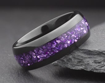 Purple Amethyst Ring, February Birthstone Wedding Band, Mens Amethyst Gemstone Wedding Band, Couples Ring, His and Hers Ring, 4mm 8mm Ring