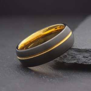 8mm Black Gold Obsidian Ring, Mens Unique Tungsten Wedding Band, Promise Ring for Him, Black Brushed Ring with Gold Inlay, Modern Ring