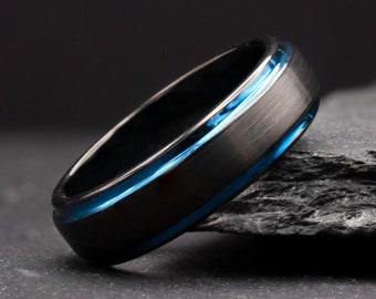 Black & Blue Tungsten Ring, Mens Engraved Wedding Band, Promise Ring, Wedding Ring For Men, Black Mens Wedding Band