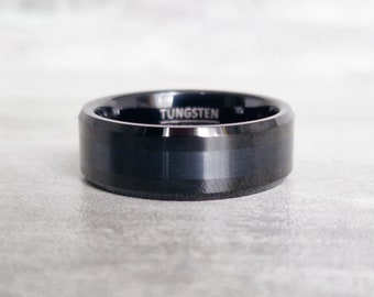 Black Ring, Mens Engraved Tungsten Engagement Promise Ring, Simple Mens Wedding Band, Boyfriend Anniversary Gift, Unique Wedding Ring