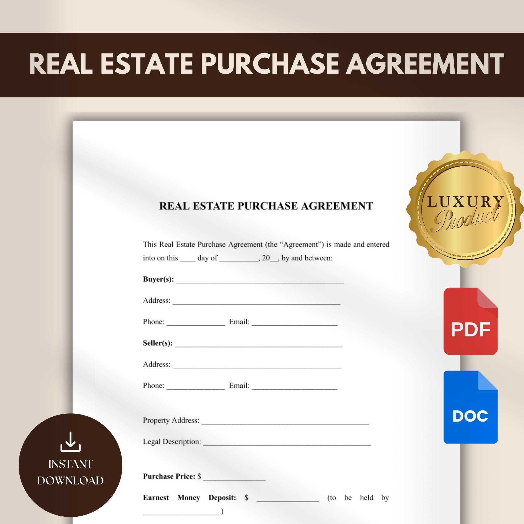 Real Estate Purchase Agreement Template Editable Home Sale Contract ...