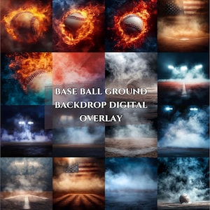 May include: A collage of baseball-themed digital overlays. Includes images of baseballs engulfed in flames, a baseball on a field, and a baseball field with an American flag. Text reads "BASE BALL GROUND BACKDROP DIGITAL OVERLAY."