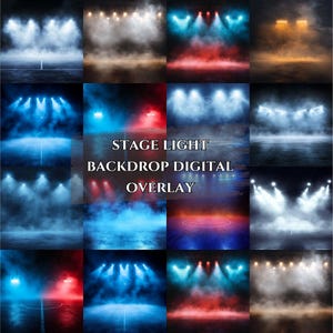 May include: A digital overlay featuring various stage light backdrops. The images showcase different lighting effects with fog and colored lights, including blue, red, and white, creating a dramatic atmosphere. Text on the image reads "STAGE LIGHT BACKDROP DIGITAL OVERLAY."