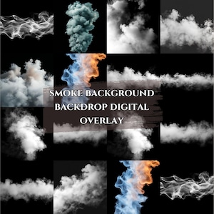May include: A digital overlay with diverse smoke effects in white, grey, and teal on a black backdrop. The text "SMOKE BACKGROUND BACKDROP DIGITAL OVERLAY" is centered. The image presents various cloud-like formations for digital design.