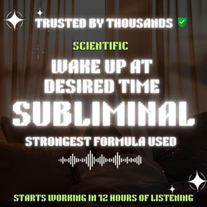 May include: Image with text: "Trusted by Thousands," "Scientific," "Wake Up at Desired Time," "Subliminal," "Strongest Formula Used," and "Starts Working in 12 Hours of Listening." The background is a blurred image of a bed.