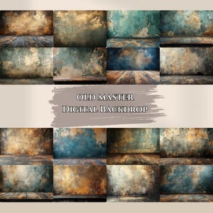 May include: A set of 12 digital backdrops featuring distressed walls and wooden floors in various shades of blue, brown, and yellow. The backdrops are perfect for photographers and crafters looking to create unique and vintage-inspired images.
