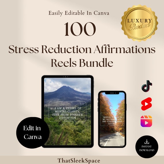 100 Stress Reduction Affirmations Reels Bundle l Instagram Reels, Tiktok,Youtube Shorts I Canva Editable Templates, Viral Reels Templates