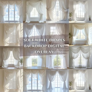 May include: A digital backdrop overlay featuring soft white drapes with a ruffled top. The overlay is perfect for adding a touch of elegance to your photos.