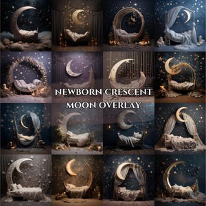 May include: A collection of 12 digital overlays featuring a crescent moon with stars, ideal for newborn photography backdrops. Each overlay features a different pose and style of the moon and stars.