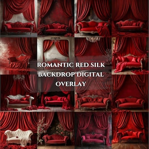 May include: A digital backdrop overlay featuring a collage of 12 images of red silk curtains with various antique furniture pieces. The text "ROMANTIC RED SILK BACKDROP DIGITAL OVERLAY" is displayed in the center of the collage.