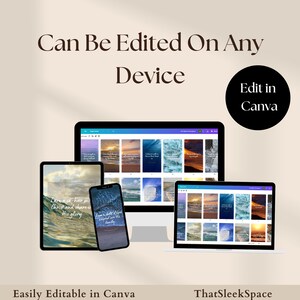 以下が含まれることがあります： 電話、タブレット、ラップトップ、デスクトップコンピューターの画面のモックアップで、インスピレーションを与える引用と海のテーマの背景を持つ24のデジタル電話の壁紙のコレクションが表示されています。画面のテキストは「私はキリストと共同相続人であり、そこに彼の栄光があります」と表示されています。画像の上部にあるテキストは「あらゆるデバイスで編集できます」と「Canvaで編集」と表示されています。画像の下部にあるテキストは「Canvaで簡単に編集できます」と「ThatSleekSpace」と表示されています。