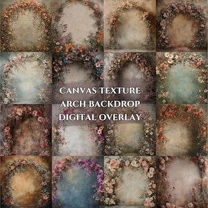May include: A set of 12 digital floral arch backdrops with a canvas texture. The backdrops feature a variety of floral arrangements in shades of pink, white, and green.