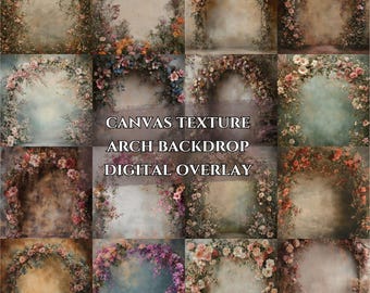 May include: A set of 12 digital floral arch backdrops with a canvas texture. The backdrops feature a variety of floral arrangements in shades of pink, white, and green.
