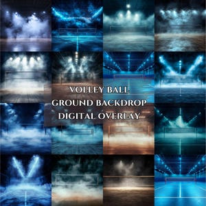 May include: A digital overlay of a volleyball court with a net and blue lighting. The court is surrounded by smoke and spotlights. The text "VOLLEY BALL GROUND BACKDROP DIGITAL OVERLAY" is displayed in the center of the image.