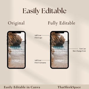 以下が含まれることがあります： 携帯電話の画面のモックアップで、励みになる言葉が書かれています。「私は、神のタイミングが完璧であることを知っているので、辛抱強くいることを選びます。」背景画像は、青い水のある岩だらけの海岸線の風景です。画面の右下隅に「Luxury Co.」というテキストが表示されています。