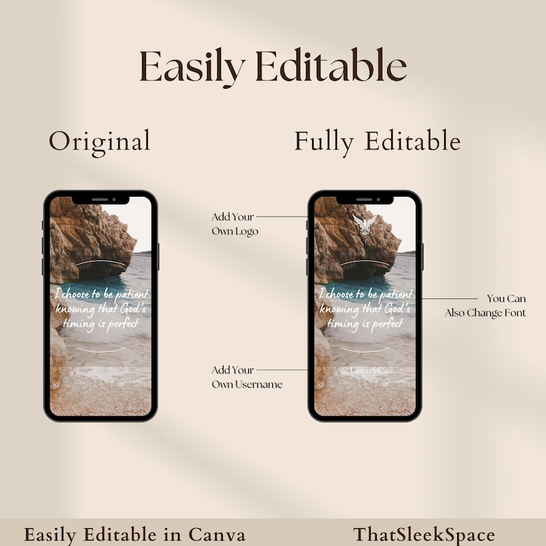 以下が含まれることがあります： 携帯電話の画面のモックアップで、励みになる言葉が書かれています。「私は、神のタイミングが完璧であることを知っているので、辛抱強くいることを選びます。」背景画像は、青い水のある岩だらけの海岸線の風景です。画面の右下隅に「Luxury Co.」というテキストが表示されています。