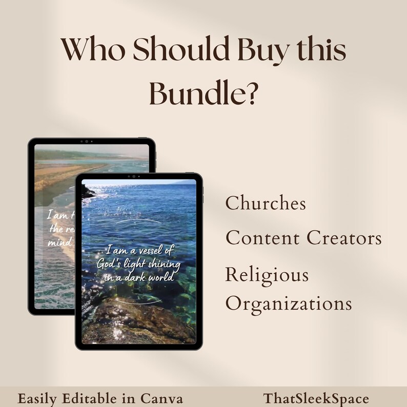 以下が含まれることがあります： 青い海の背景を持つソーシャルメディア投稿用のデジタルテンプレートが2つあります。テンプレートのテキストには、「私は神の心の反映です」と「私は暗い世界に輝く神の光の器です」と書かれています。画像の上部には、「このバンドルを購入すべき人は誰ですか？」というテキストがあります。テンプレートの下には、「教会、コンテンツクリエイター、宗教団体、Canvaで簡単に編集可能、ThatSleekSpace」というテキストがあります。
