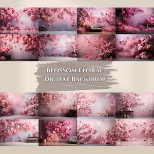 May include: A digital backdrop featuring a collection of 10 images with a pink and white floral theme. The images feature various arrangements of cherry blossoms, with some images including a sofa, a table, and vases. The text "BLOSSOM FLORAL DIGITAL BACKDROP" is displayed in the centre of the image.