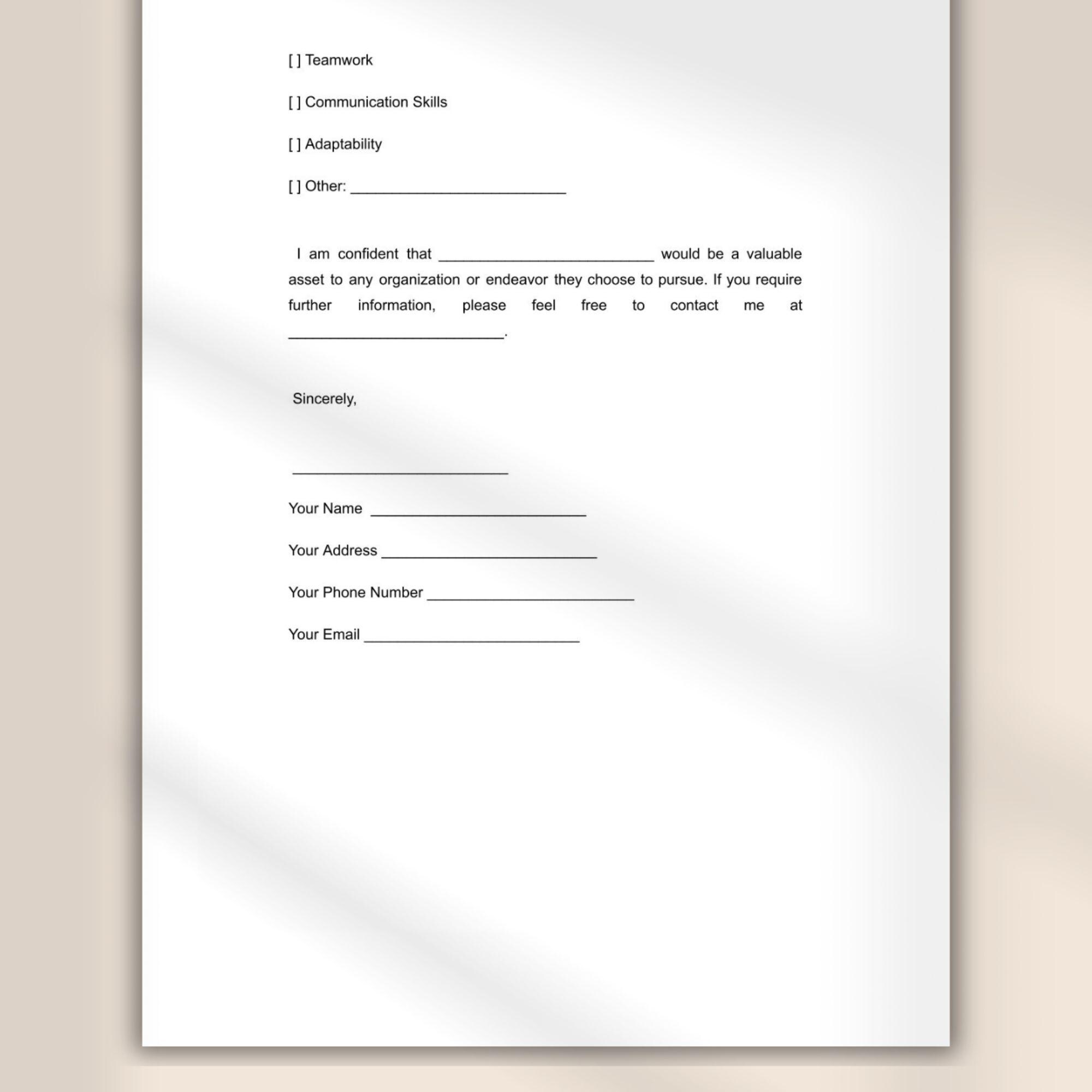 Personal Reference Letter Template Printable Letter of Recommendation ...