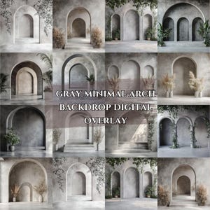 Puede incluir: Una superposición de fondo digital que presenta nueve arcos grises diferentes con diversas plantas verdes y follaje. El texto "GRAY MINIMAL ARCH BACKDROP DIGITAL OVERLAY" se muestra en el centro de la imagen.