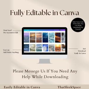 以下が含まれることがあります： コンピューターの画面に、16枚の海のテーマの画像がコレクションされたCanvaのデザインテンプレートが表示されています。画像は、波、夕日、ビーチなど、さまざまな海のシーンを特徴としています。画像の上部には「Fully Editable in Canva」というテキストが表示されています。画像の左側には「Dont Need Pro Account to Edit」というテキストが表示されています。画像の左側には「You Can Add/Delete Anything」というテキストが表示されています。画像の右側には「Only Canva Link Is Provided, You Can Easily Download it by Yourself.」というテキストが表示されています。画像の右側には「Just Download Easily In Canva」というテキストが表示されています。コンピューターの画面の下には「Please Messege Us If You Need Any Help While Downloading」というテキストが表示されています。画像の左下には「Easily Editable in Canva」というテキストが表示されています。画像の右下には「ThatSleekSpace」というテキストが表示されています。