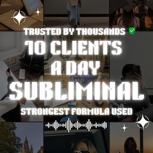 Pode incluir: Uma colagem de imagens com uma sobreposição de texto branco que diz "TRUSTED BY THOUSANDS 10 CLIENTS A DAY SUBLIMINAL STRONGEST FORMULA USED". O texto está em uma fonte pixelada e tem um brilho de néon. As imagens incluem uma pessoa segurando um telefone, uma pessoa sentada em uma mesa, uma pessoa andando na rua e uma pessoa dirigindo um carro.