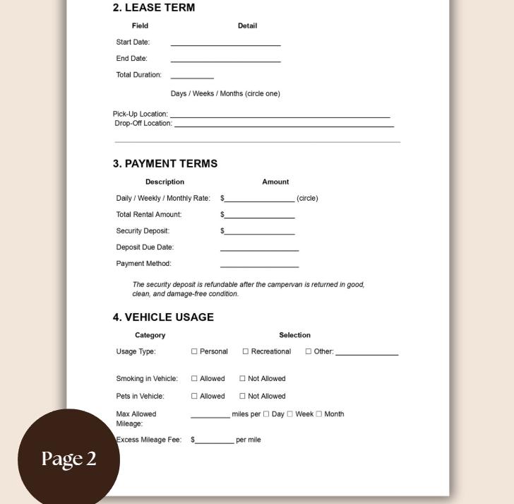 Printable Campervan Lease Agreement Template Editable Campervan Rental ...