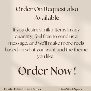 以下が含まれることがあります： ベージュの背景に、茶色の文字で「Order On Request also Available」と「Order Now!」と書かれたテキストグラフィック。テキストには「Easily Editable in Canva」と「ThatSleekSpace」も書かれています。