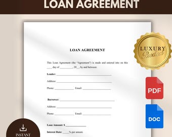 Loan Agreement Template | Editable Personal Loan Contract | Printable Loan Form | Instant Download | Borrower Lender Agreement PDF Template